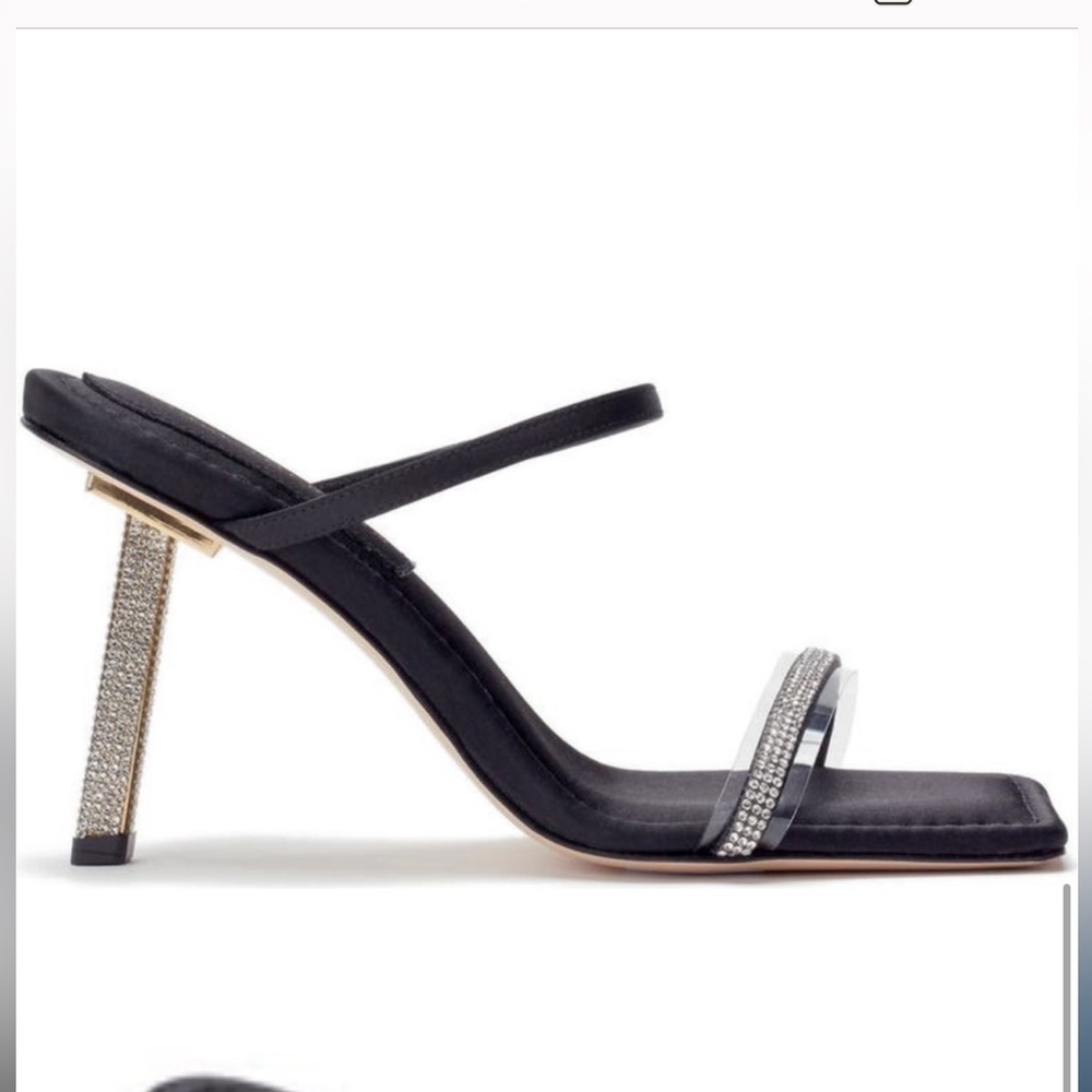 NEW GOOD AMERICAN Embellished Heels Black Main Satin Neoprene Gold+Diamond Heels